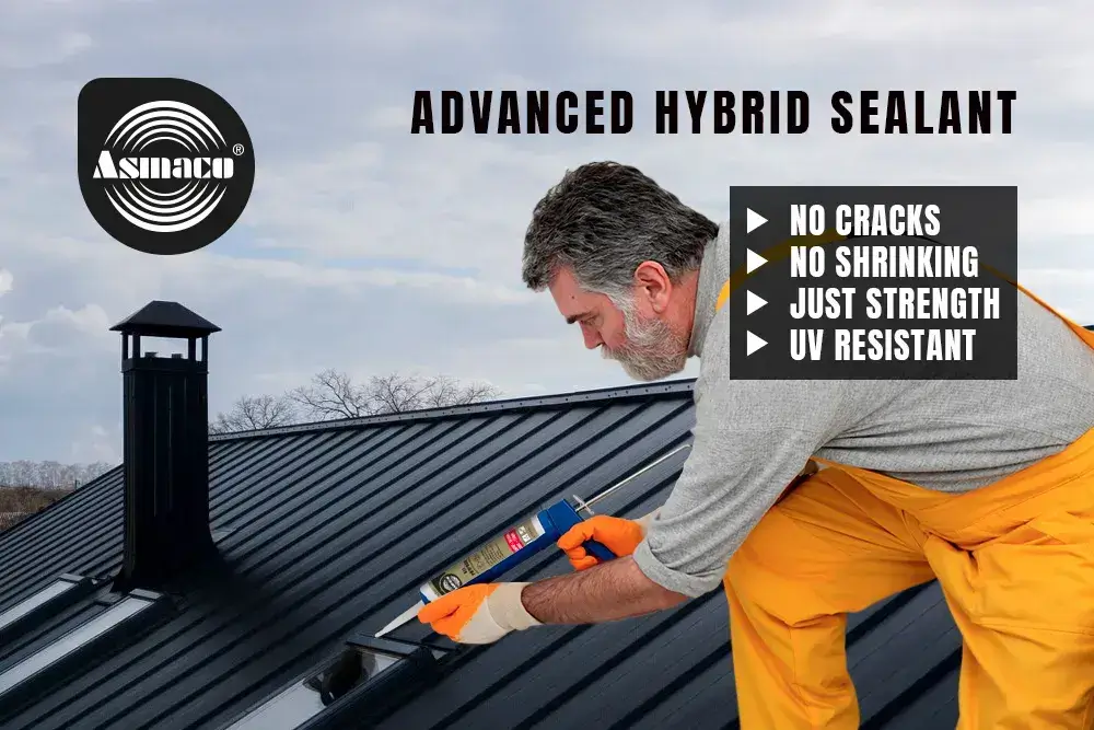 man applying hybrid sealant on roof